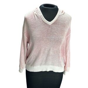Vintage Havana Womens Lightweight Pink Hooded Sweater V-Neck Long Sleeve Ribbed